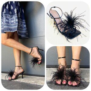 NWT Lemonade Swan Feather Square Toe ancle strap Black Dress heels/Sandals 6